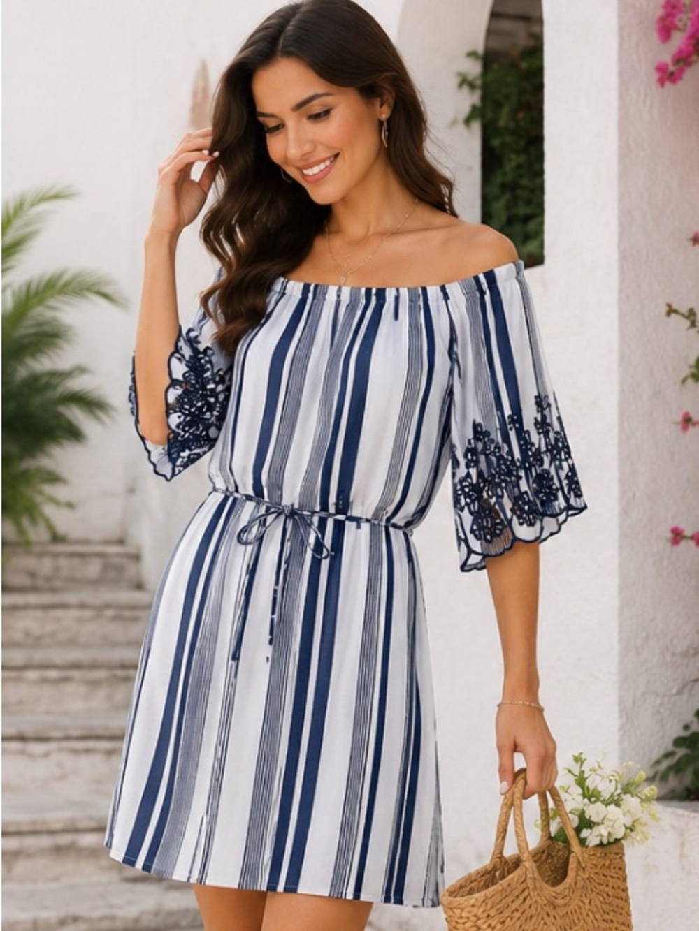 Striped Off-Shoulder Mini Dress in Navy and White